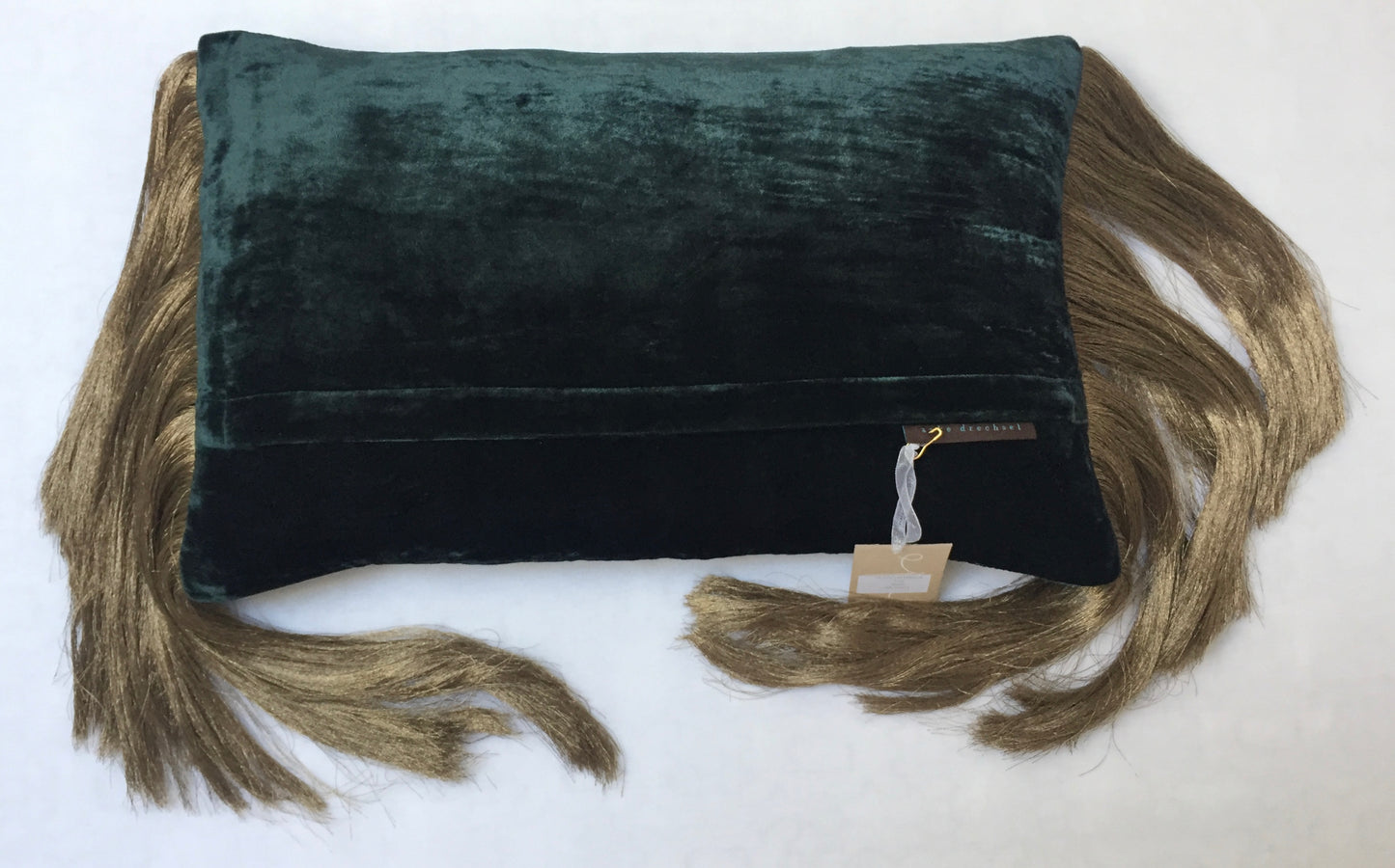 Anke Drechsel Kissen PLAIN LONG METAL Fringe Teal Seiden Samt Grün Beige