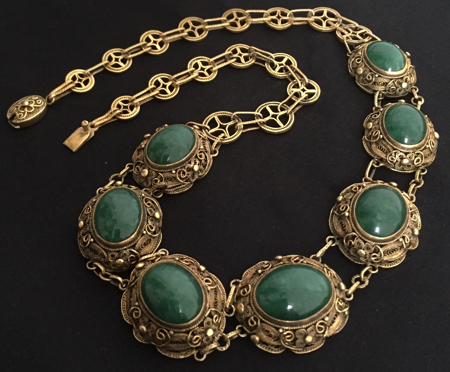 Collier Grün Achat Edelstein Schmuck Gold auf Silber Antike Kette