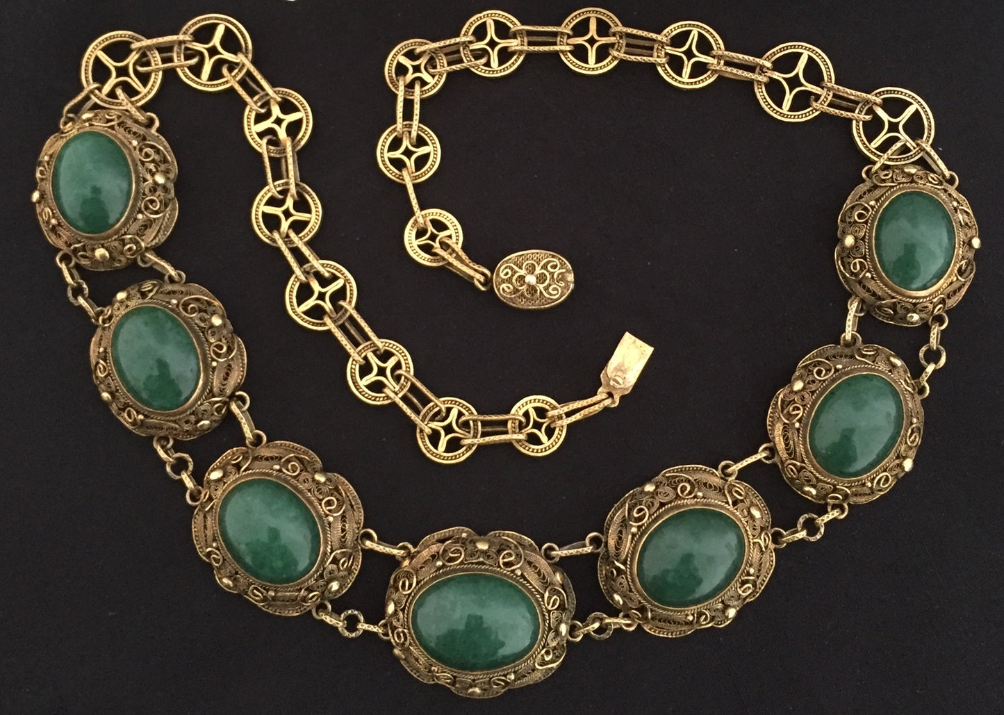 Collier Grün Achat Edelstein Schmuck Gold auf Silber Antike Kette