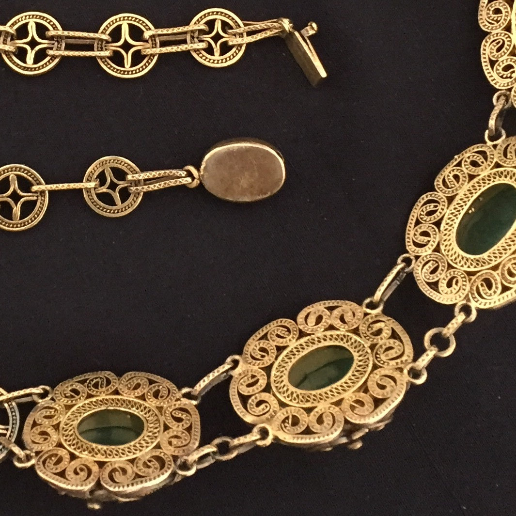 Collier Grün Achat Edelstein Schmuck Gold auf Silber Antike Kette