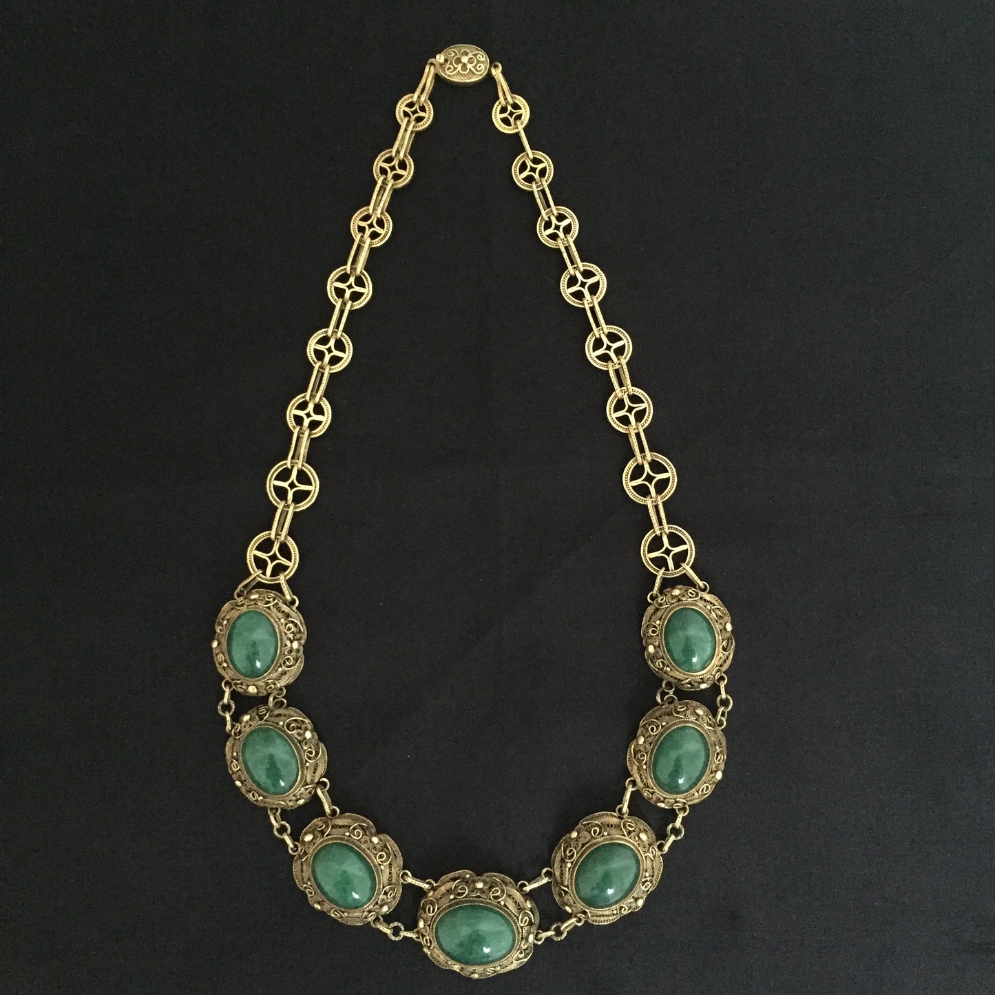 Collier Grün Achat Edelstein Schmuck Gold auf Silber Antike Kette