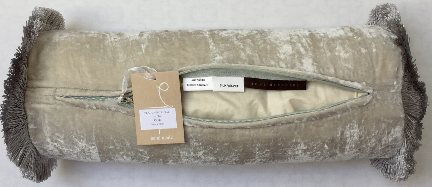 Anke Drechsel Bolster PLAIN Silber Franzen Ice Blue Seiden Samt Rollkssen
