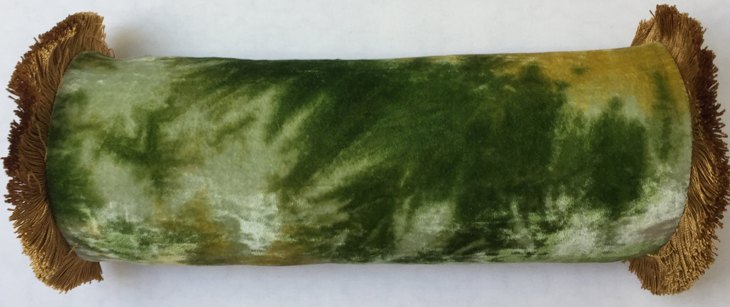 Anke Drechsel Bolster PLAIN Gold Franzen Shaded Mint Seiden Samt Rollkissen