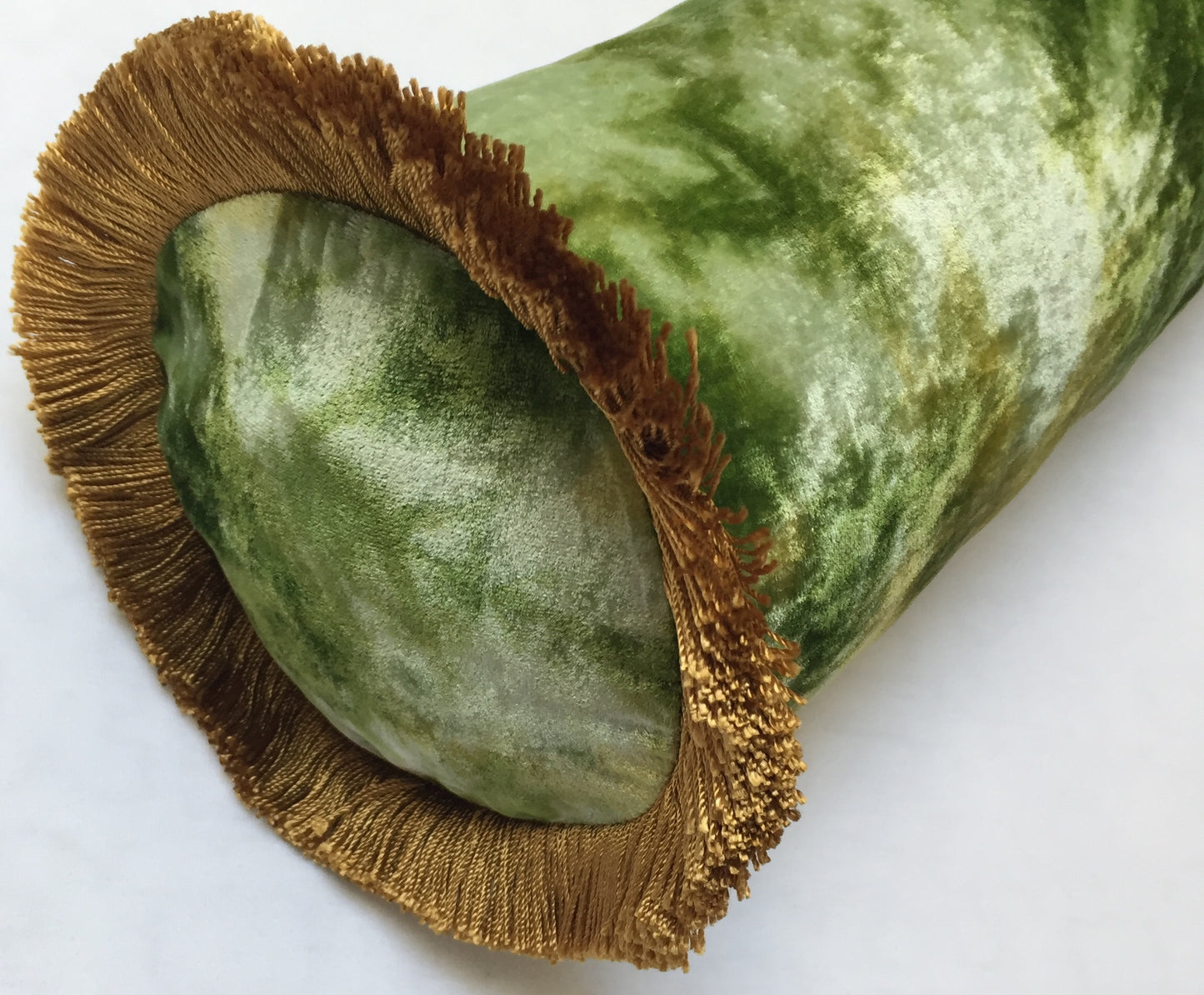 Anke Drechsel Bolster PLAIN Gold Franzen Shaded Mint Seiden Samt Rollkissen