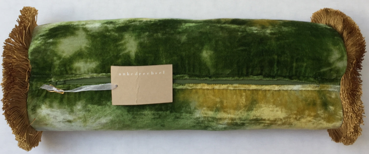 Anke Drechsel Bolster PLAIN Gold Franzen Shaded Mint Seiden Samt Rollkissen
