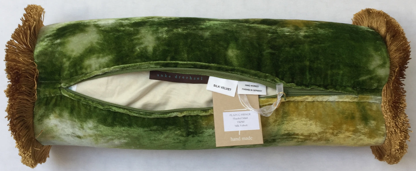 Anke Drechsel Bolster PLAIN Gold Franzen Shaded Mint Seiden Samt Rollkissen