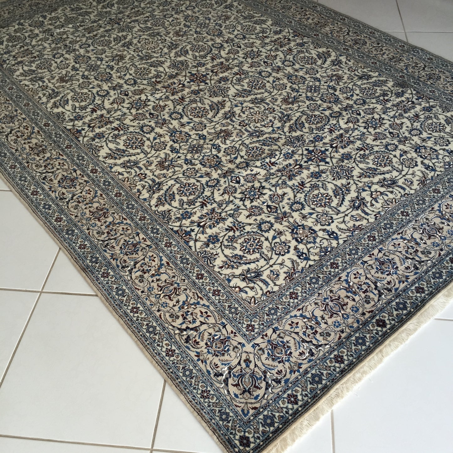 Perserteppich Nain 4La Seide Wolle Handgeknüpfte Orient Teppich Beige Blau