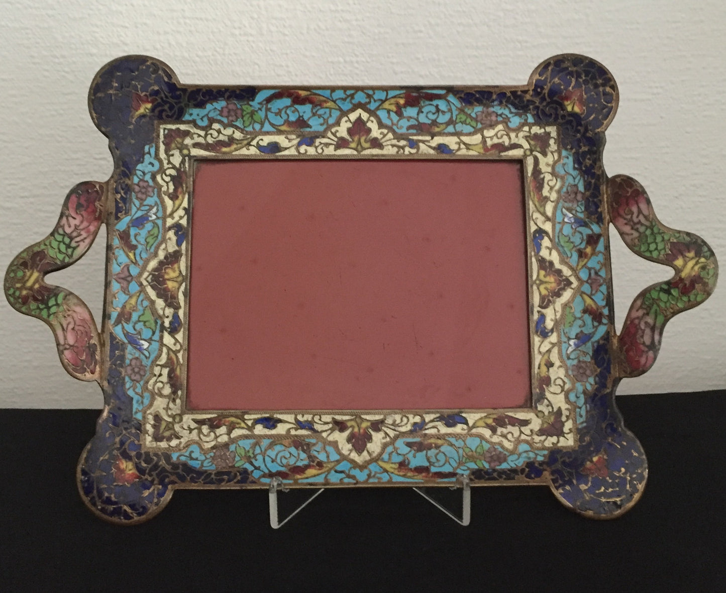Tablet Cloisonne Emaille Messing Seltene Platte Antike Bilderrahmen Frankreich Blau