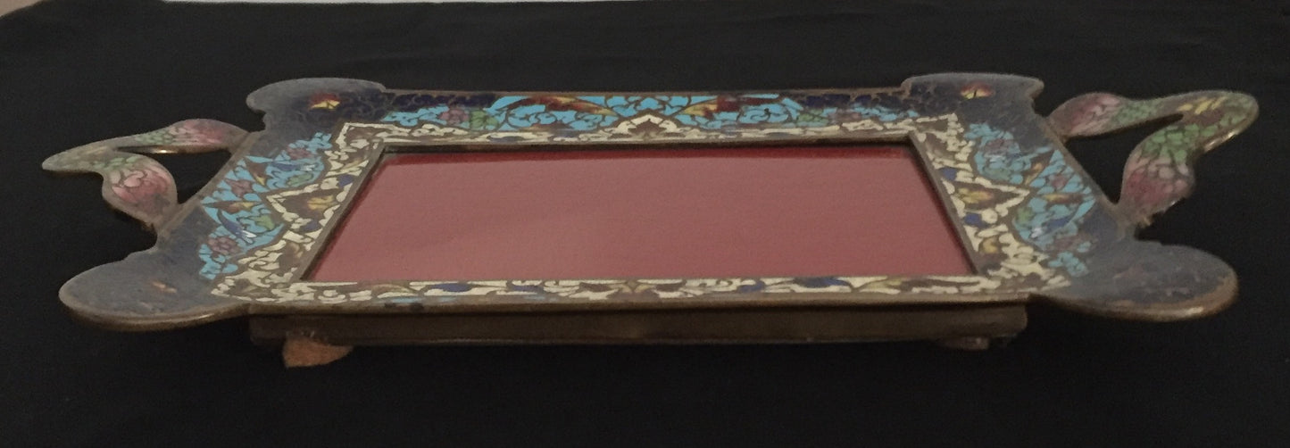 Tablet Cloisonne Emaille Messing Seltene Platte Antike Bilderrahmen Frankreich Blau