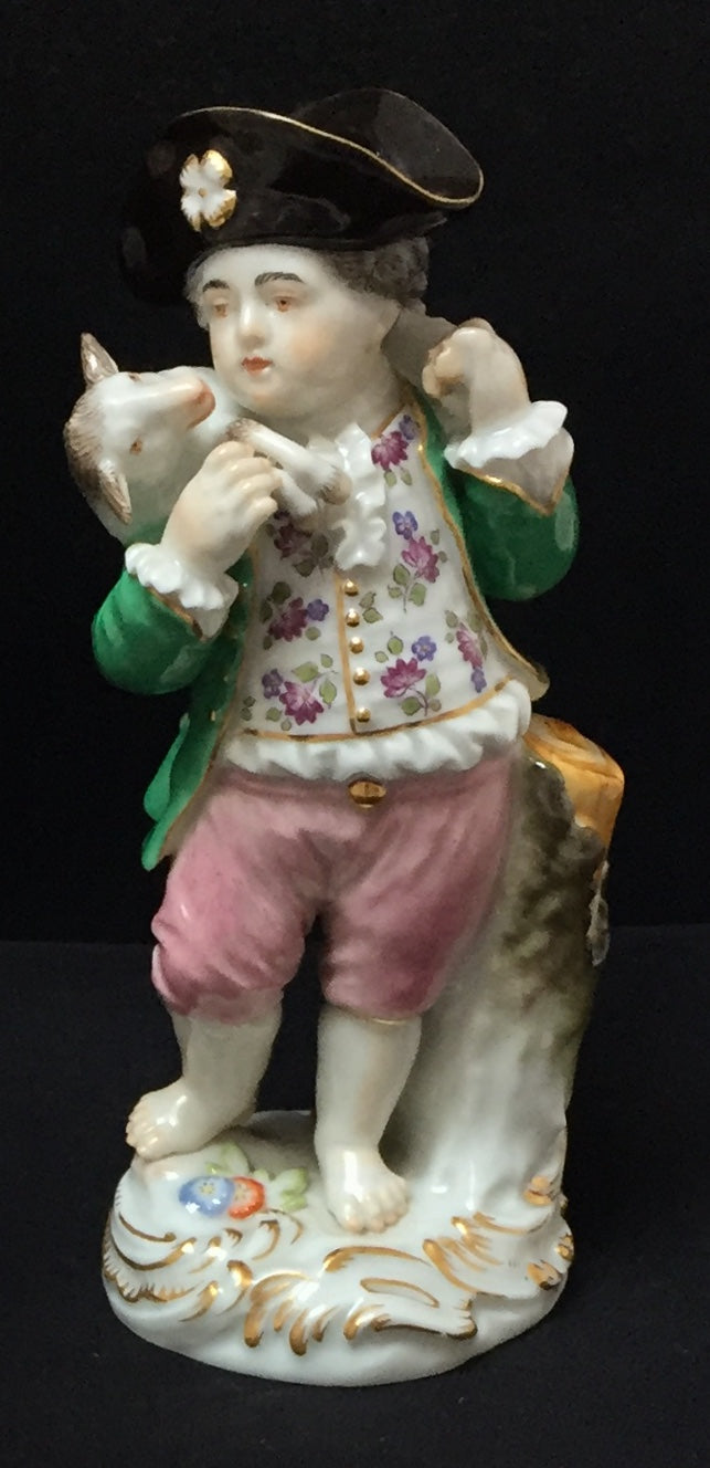 Meissen Schäfer mit Lamm 1. Wahl Modell Acier Porzellan Figur Bunt Gold Staffiert