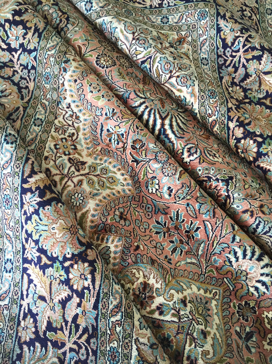 Teppich Kashmir Seide Handgeknüpfte Orientteppich Meisterstück Seidenteppich Beige Rosa