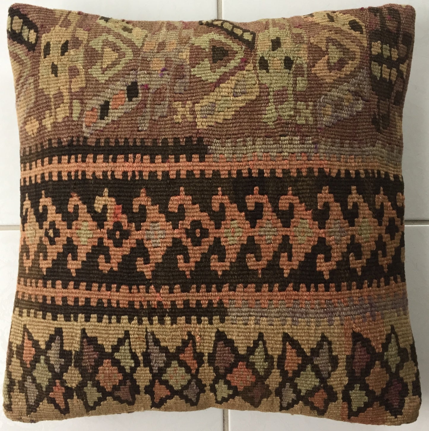Kelim Kissen Alte Vintage Anatolien Handgewebt Braun Gold