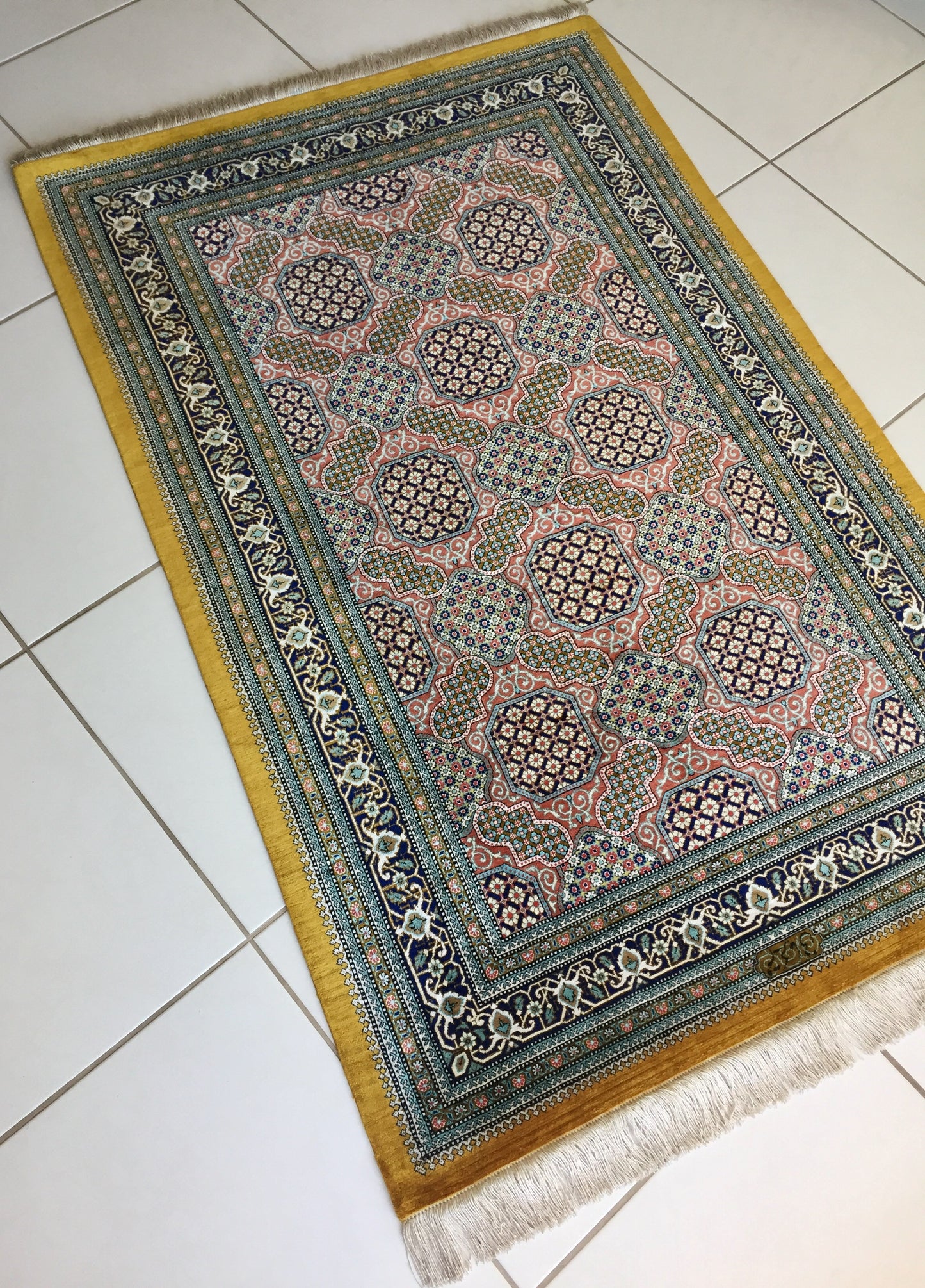 Teppich Qom Seide Meisterstück Perser Handgeknüpft Mikromosaik Rosa Beige