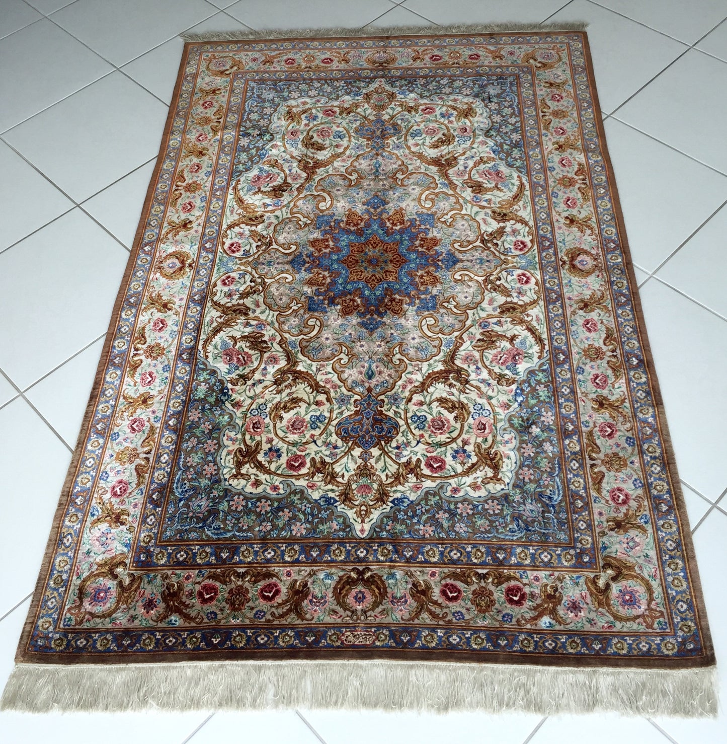 Teppich Meister Handgeknüpft Qom Naturseide Orient Ghom Blau Beige