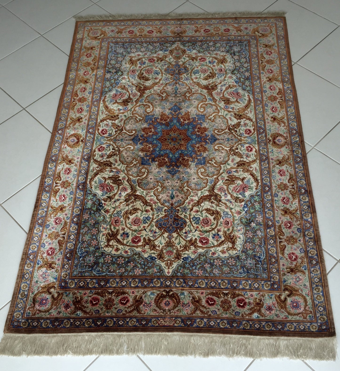 Teppich Meister Handgeknüpft Qom Naturseide Orient Ghom Blau Beige