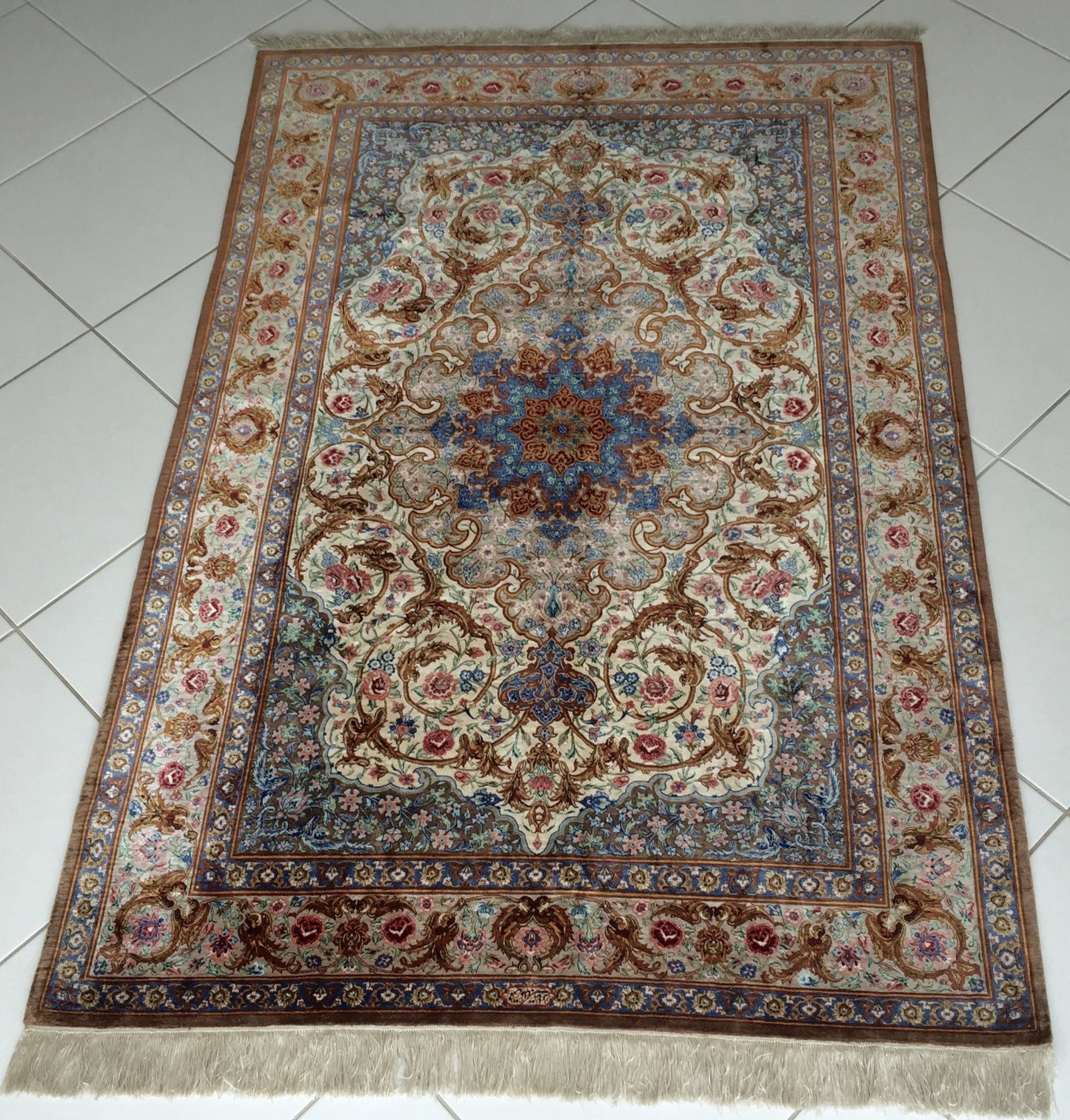 Teppich Meister Handgeknüpft Qom Naturseide Orient Ghom Blau Beige