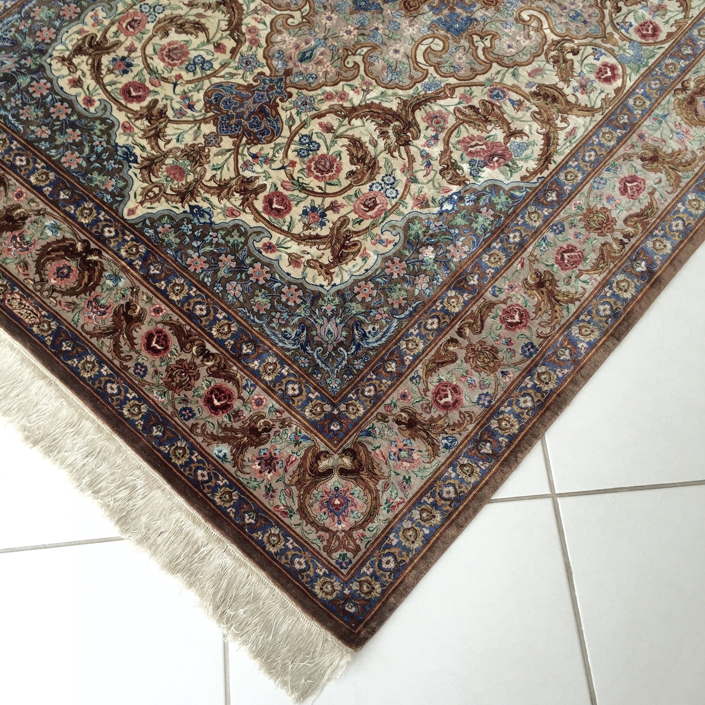 Teppich Meister Handgeknüpft Qom Naturseide Orient Ghom Blau Beige