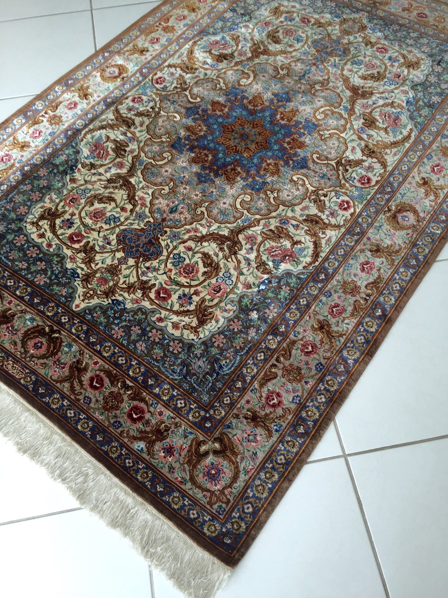 Teppich Meister Handgeknüpft Qom Naturseide Orient Ghom Blau Beige