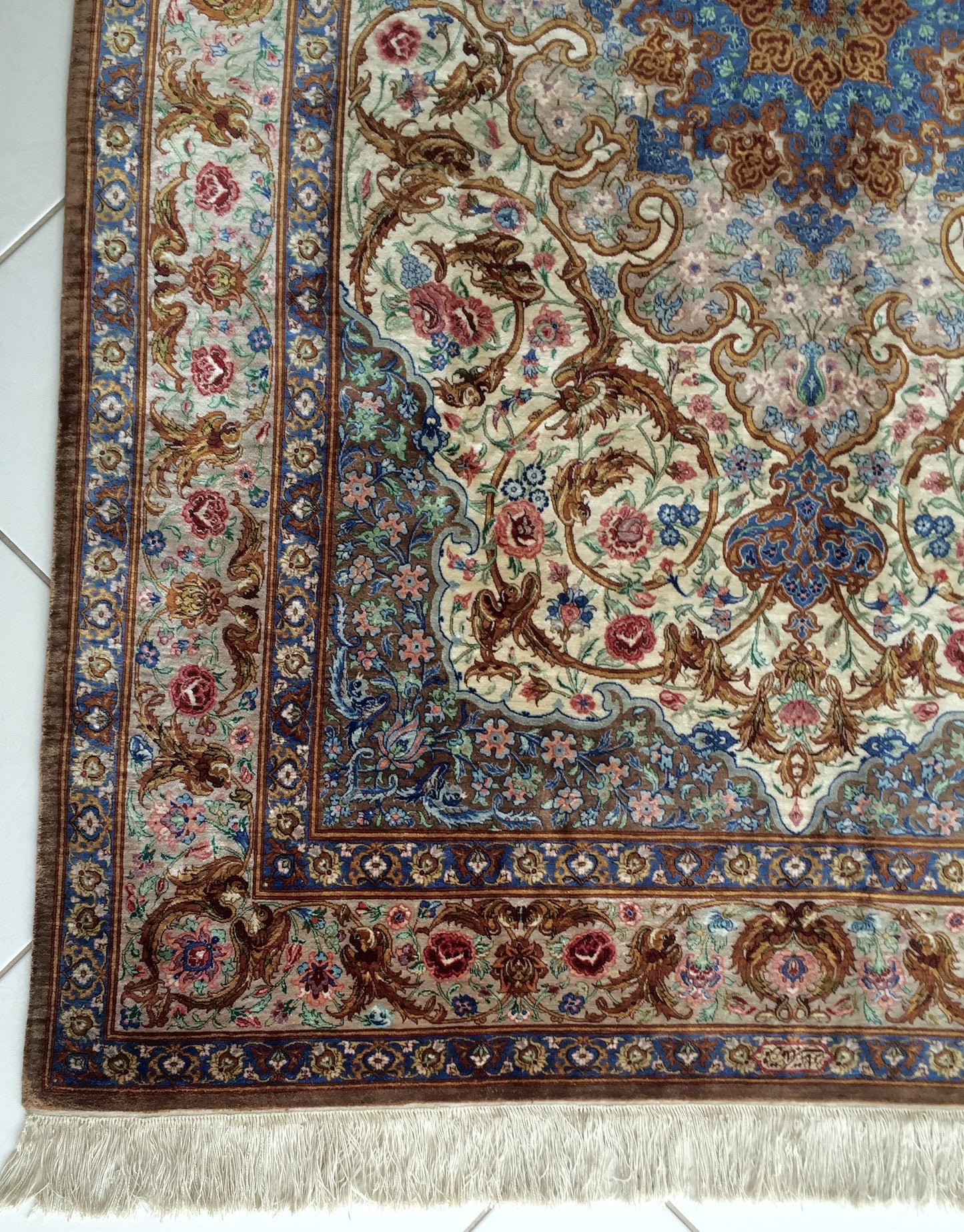 Teppich Meister Handgeknüpft Qom Naturseide Orient Ghom Blau Beige