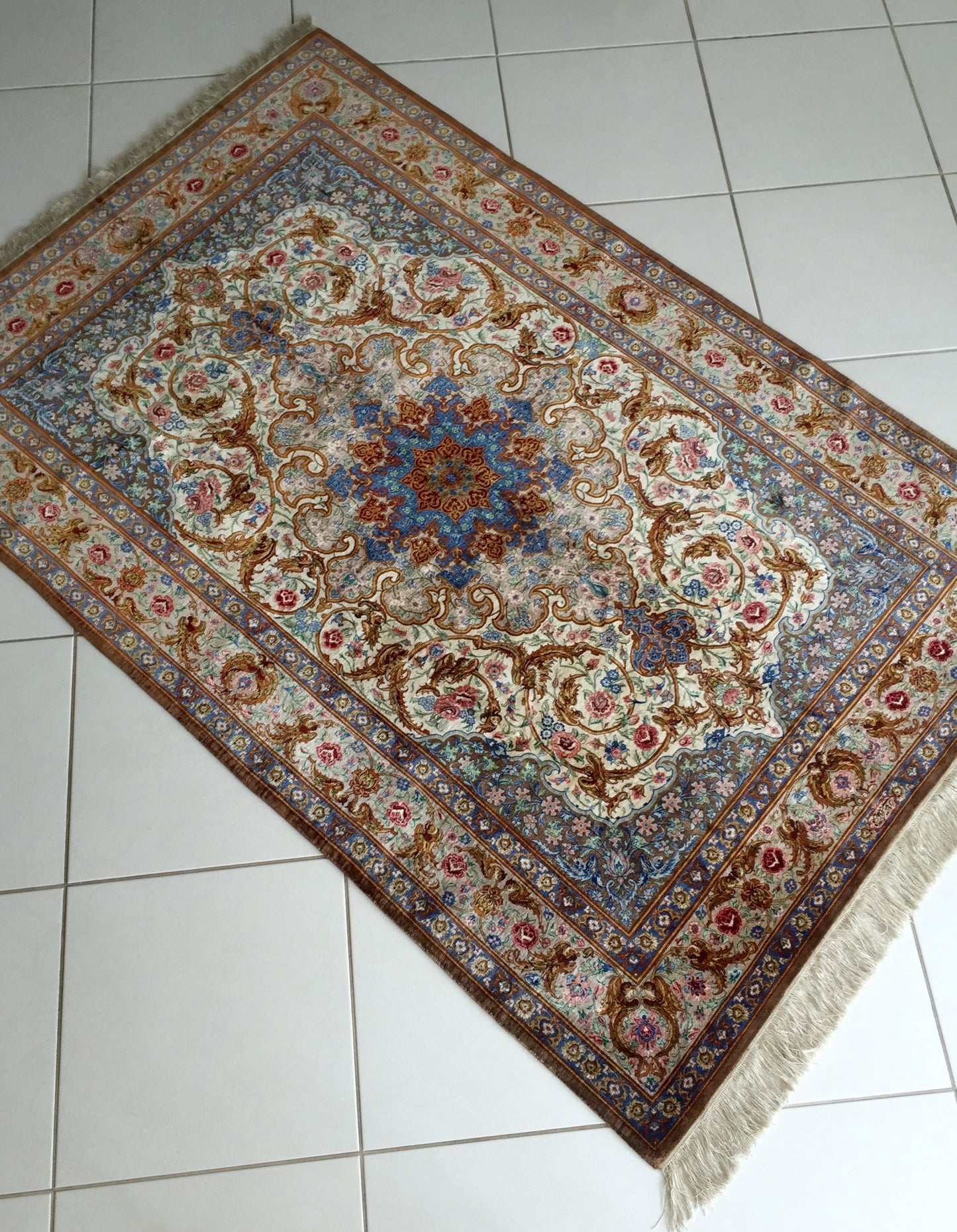 Teppich Meister Handgeknüpft Qom Naturseide Orient Ghom Blau Beige