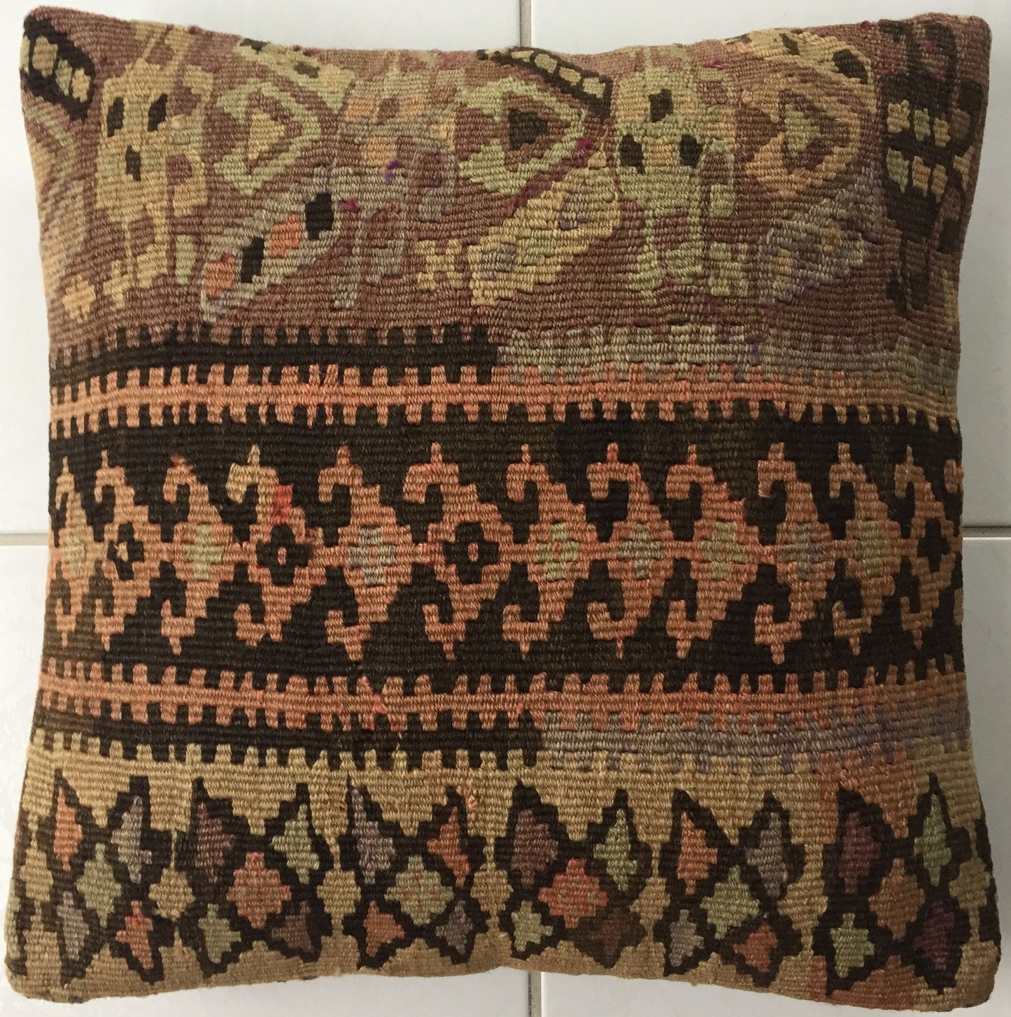 Kelim Kissen Alte Vintage Anatolien Handgewebt Braun Gold