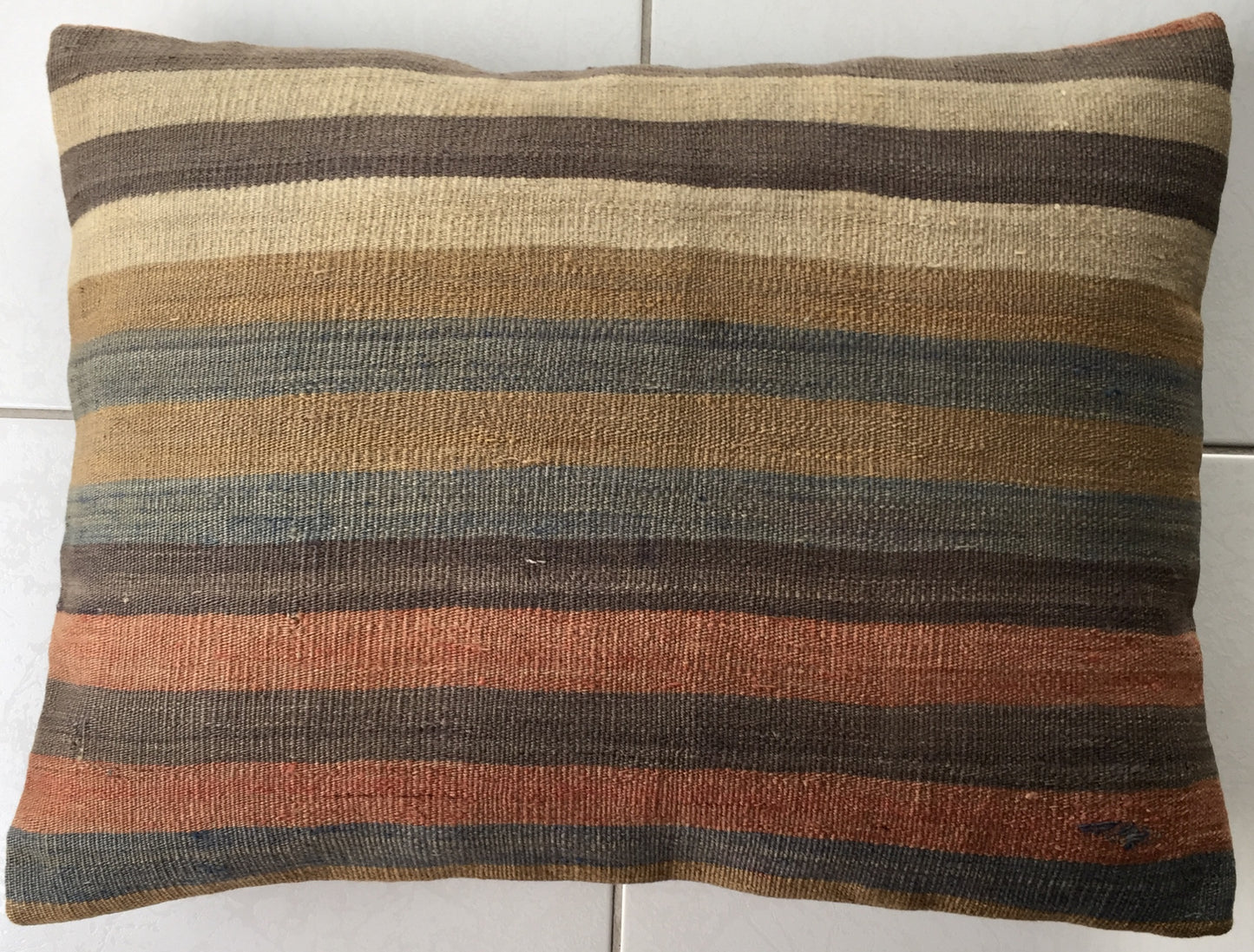 Kelim Kissen Alte Vintage Orientalisches Nomaden Handgewebt Beige Mehrfarbig