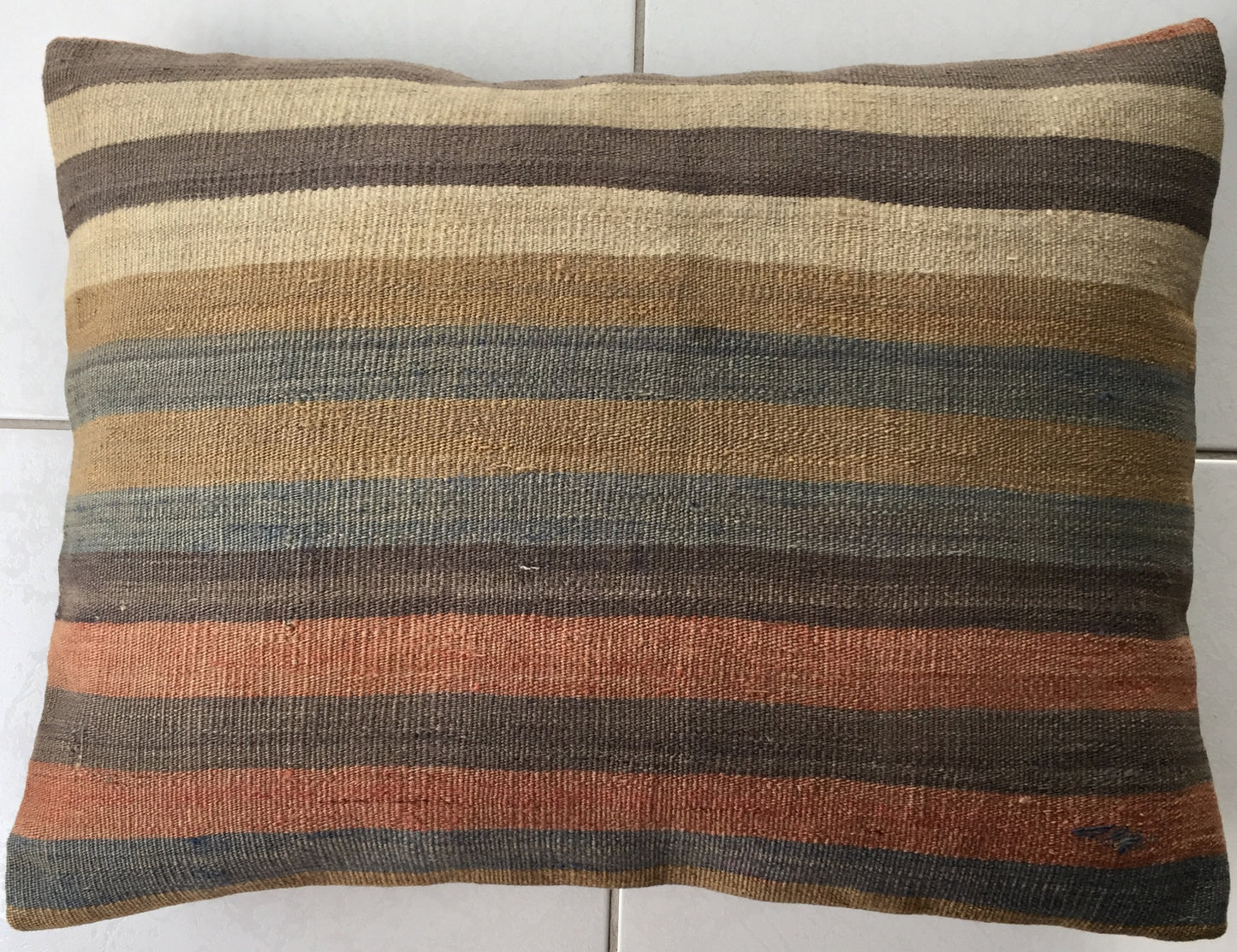 Kelim Kissen Alte Vintage Orientalisches Nomaden Handgewebt Beige Mehrfarbig
