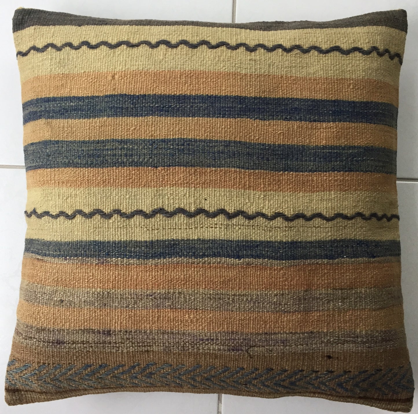 Kelim Kissen Vintage Orientalisches Nomaden Handgewebt Beige Blau