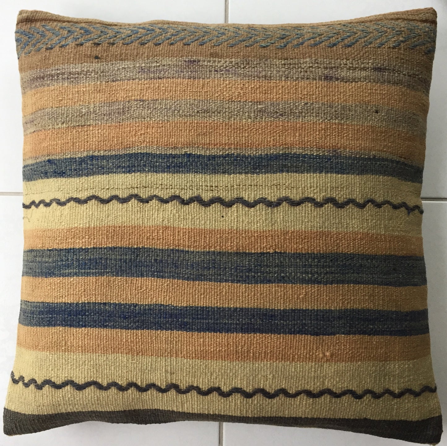 Kelim Kissen Vintage Orientalisches Nomaden Handgewebt Beige Blau