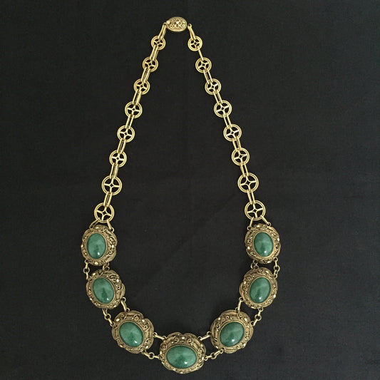 Collier Grün Achat Edelstein Schmuck Gold auf Silber Antike Kette