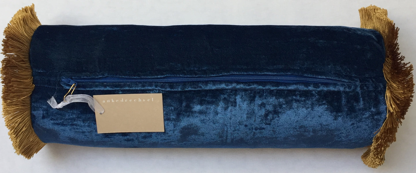 Anke Drechsel Rollkissen PLAIN Gold Franzen Seiden Samt Cobalt Blau