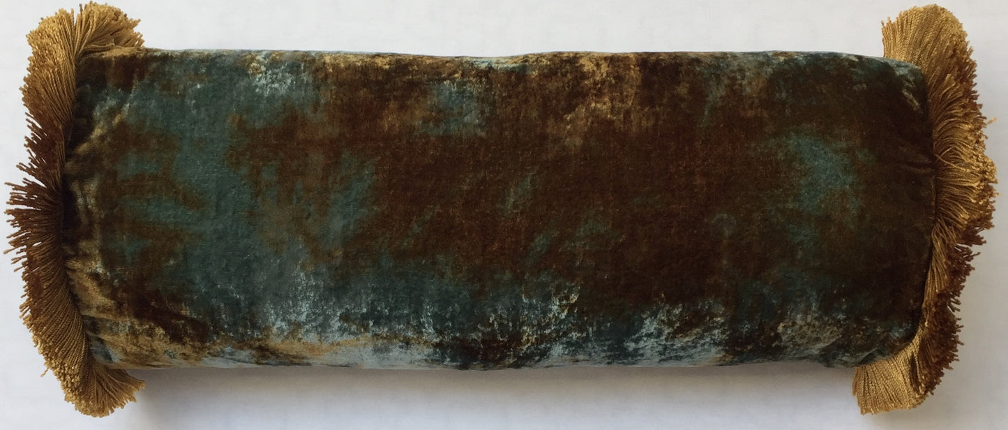 Anke Drechsel Bolster PLAIN Gold Franzen Shaded Lake Seiden Samt BlauGrün Rollkissen