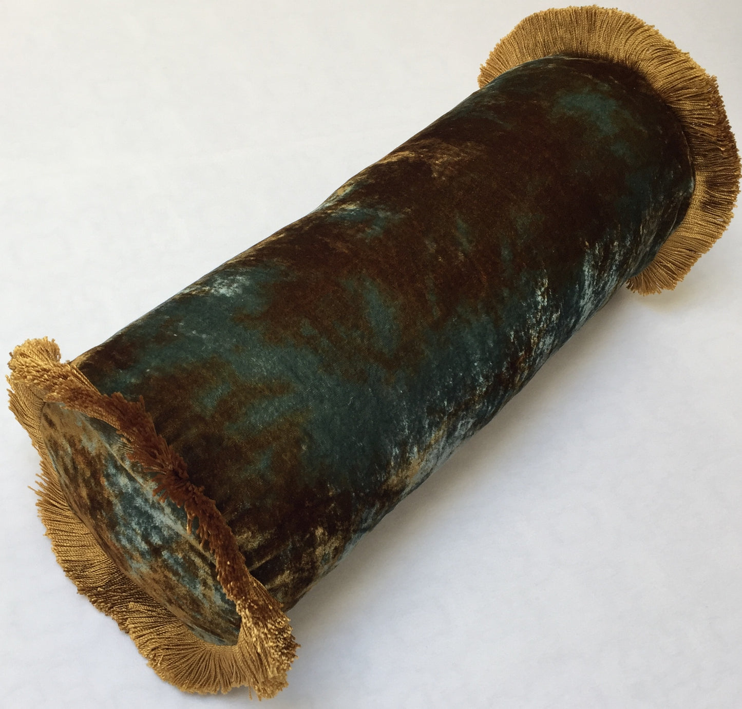 Anke Drechsel Bolster PLAIN Gold Franzen Shaded Lake Seiden Samt BlauGrün Rollkissen