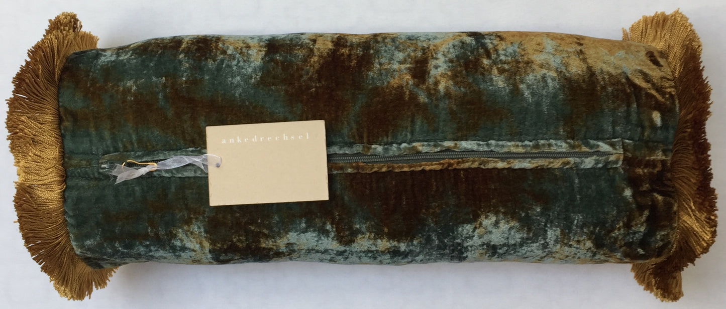 Anke Drechsel Bolster PLAIN Gold Franzen Shaded Lake Seiden Samt BlauGrün Rollkissen