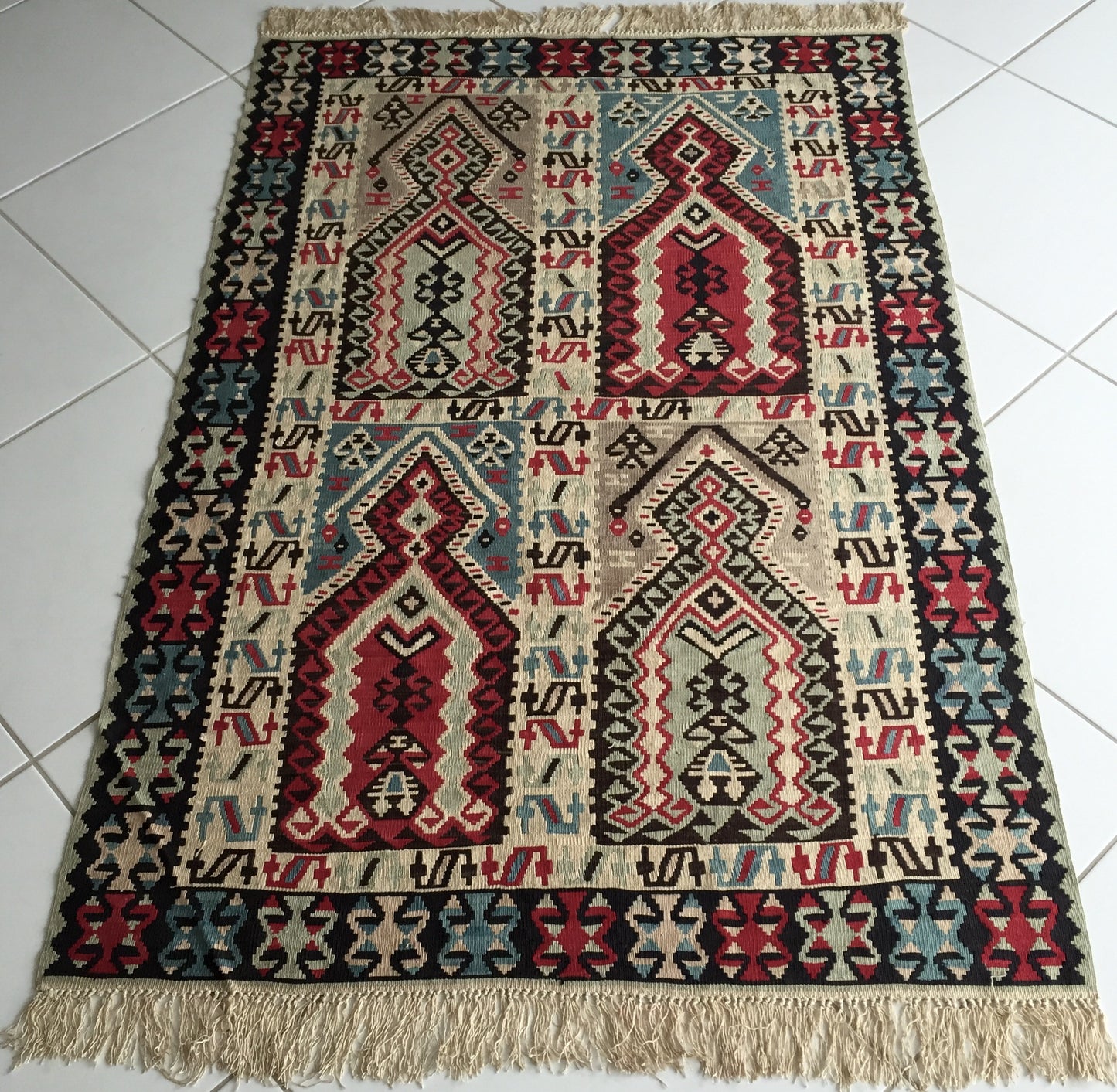 Teppich Türkisch Seide Kelim Oriental Anatolien Handgewebt Rot Blau Beige