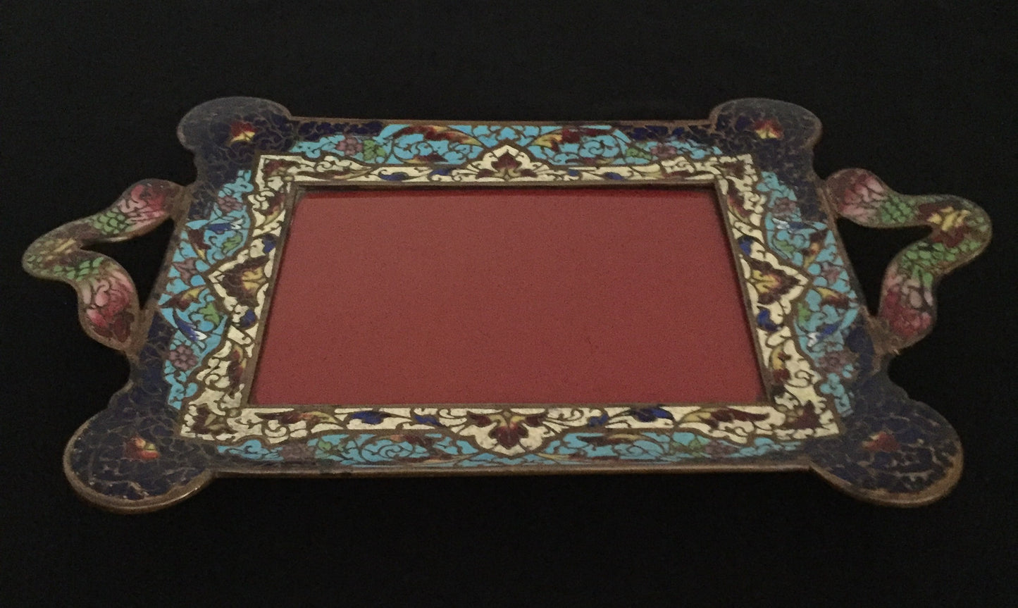 Tablet Cloisonne Emaille Messing Seltene Platte Antike Bilderrahmen Frankreich Blau