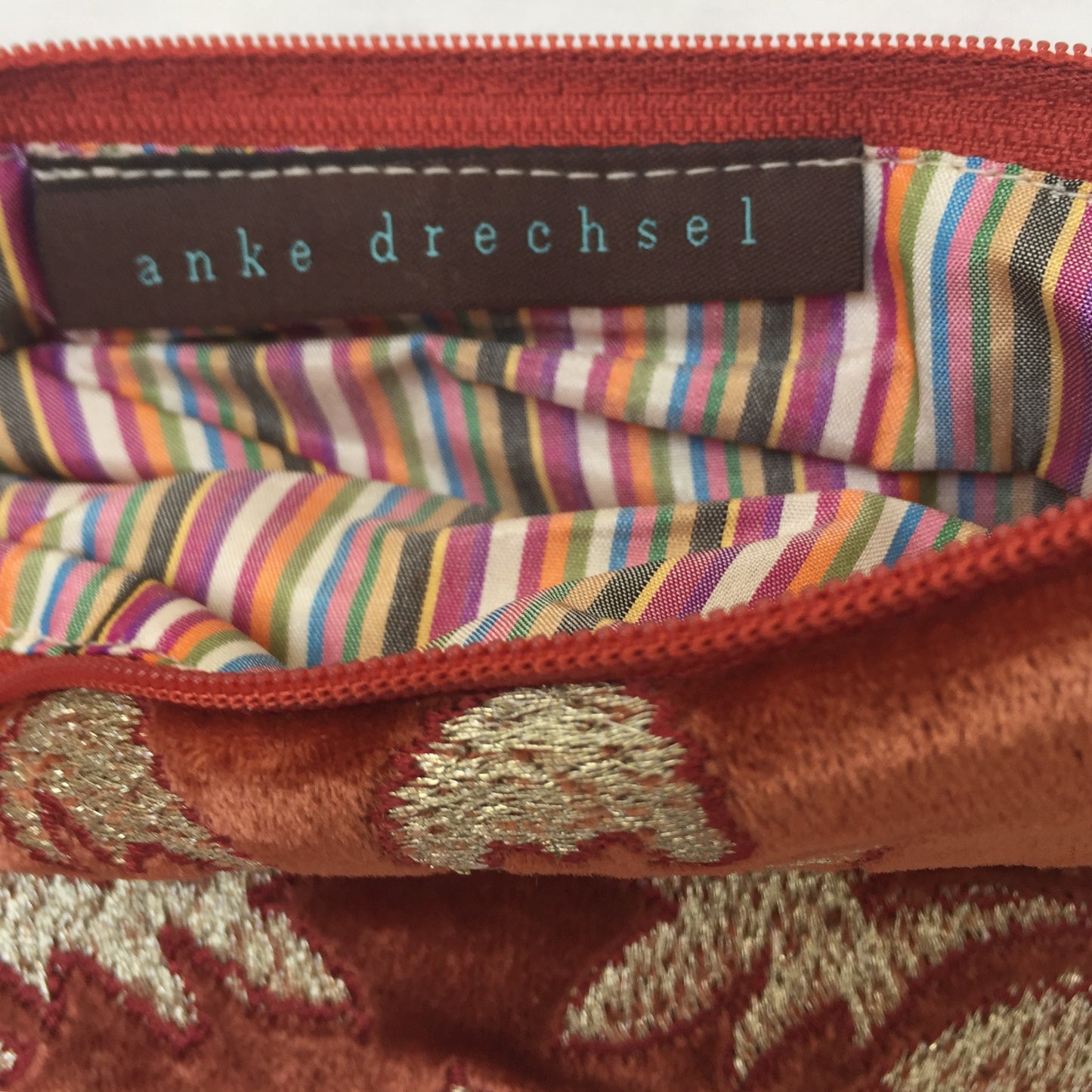 Anke Drechsel Zip Pouch Red Gold Bestickt Seiden Samt Kosmetiktasche Tasche Rot