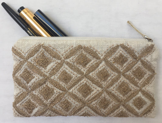 Anke Drechsel Zip Pouch Tussah Seide Gold Metallic Bestickt Kosmetik Tasche