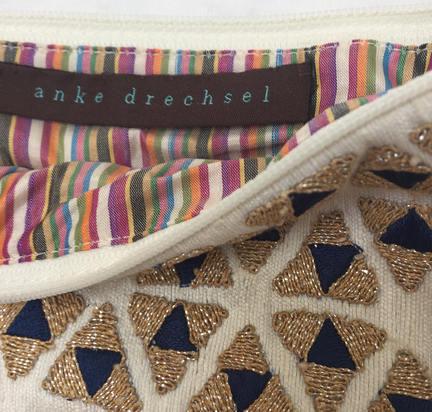 Anke Drechsel Zip Pouch Beige Gold Blue Bestickt Kosmetik Tasche Tussah Seide