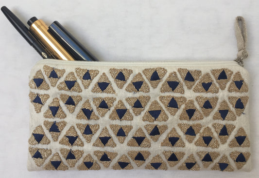 Anke Drechsel Zip Pouch Beige Gold Blue Bestickt Kosmetik Tasche Tussah Seide
