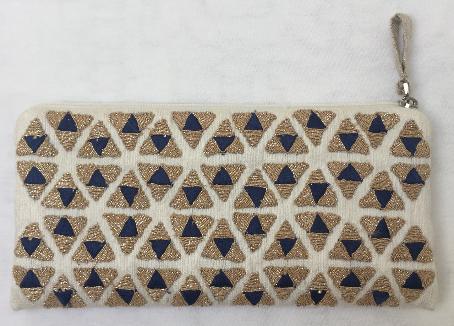 Anke Drechsel Zip Pouch Beige Gold Blue Bestickt Kosmetik Tasche Tussah Seide