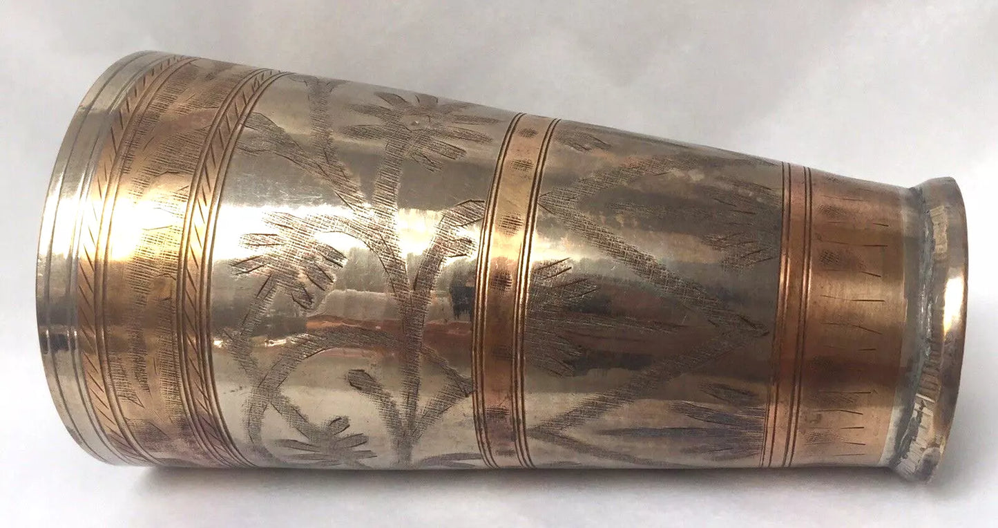 Old Brass Cup Vase – Handcrafted Afghan Collectible with Silver & Gold Engraving