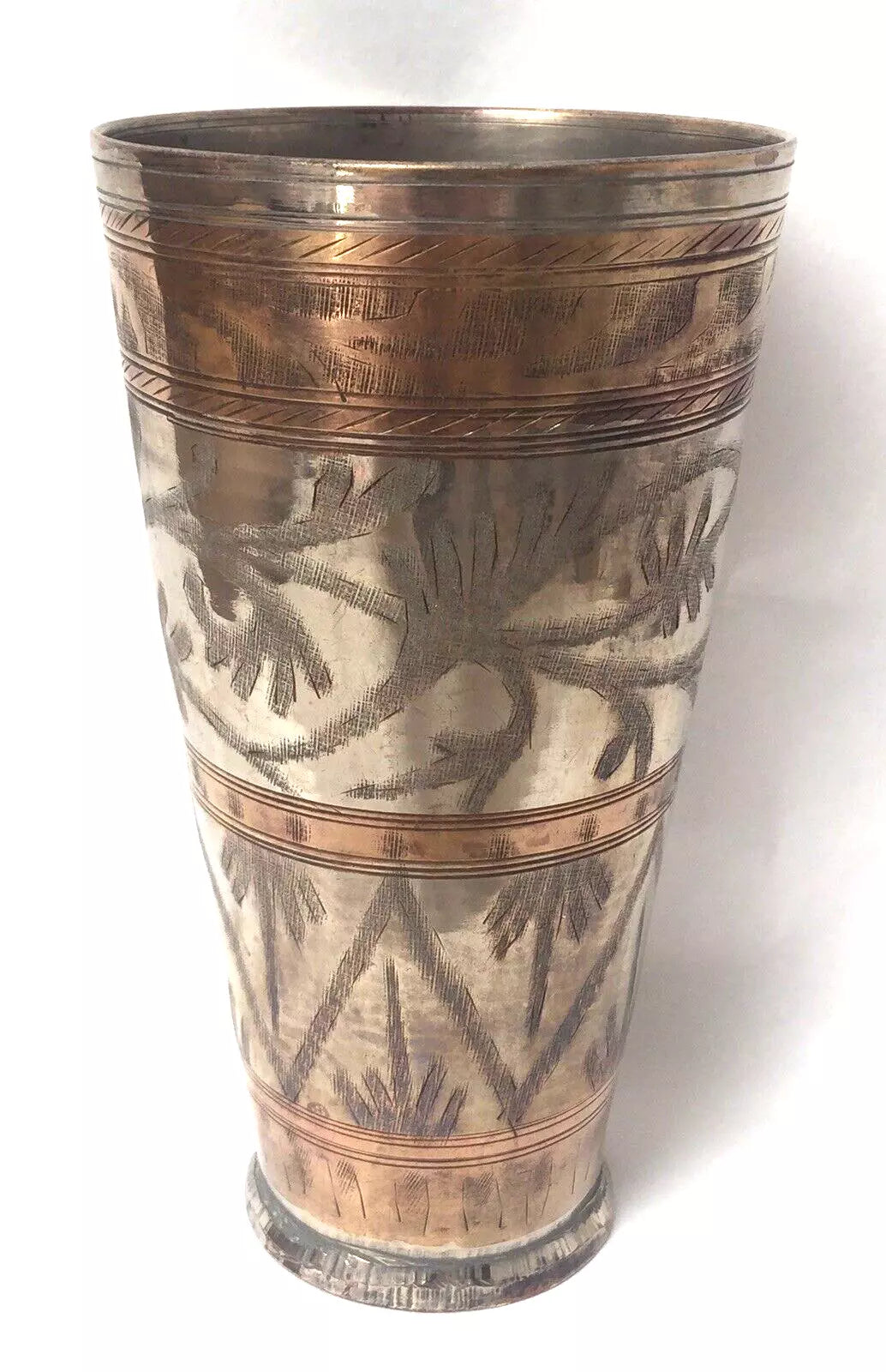 Old Brass Cup Vase – Handcrafted Afghan Collectible with Silver & Gold Engraving