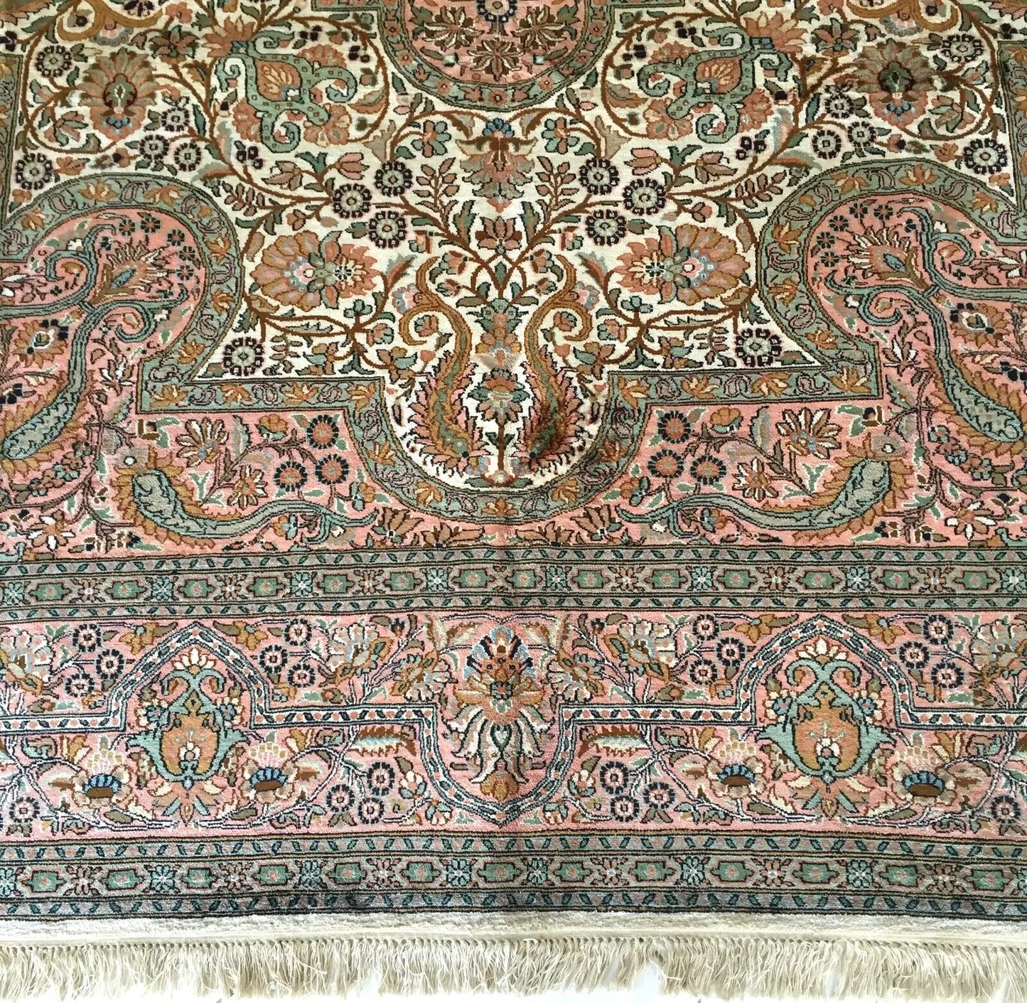 Exquisite Hand-Knotted Kashmir Silk Carpet – A Masterpiece of Persian-Inspired Elegance