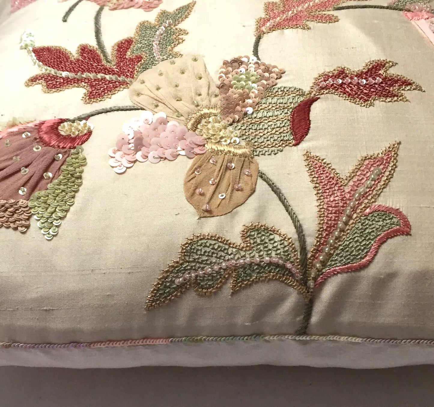 Anke Drechsel Haute Couture Floral Embroidered Silk Cushion – Beige Green Pink