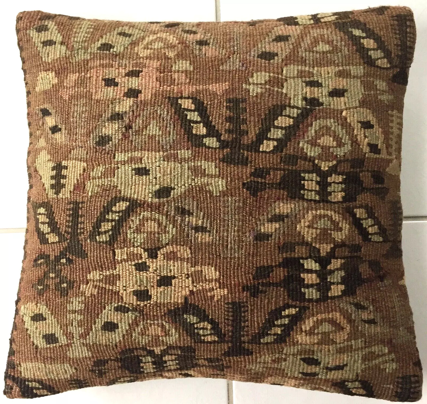 Old Vintage Nomadic Anatolian Kilim Pillow Cushion - Beige