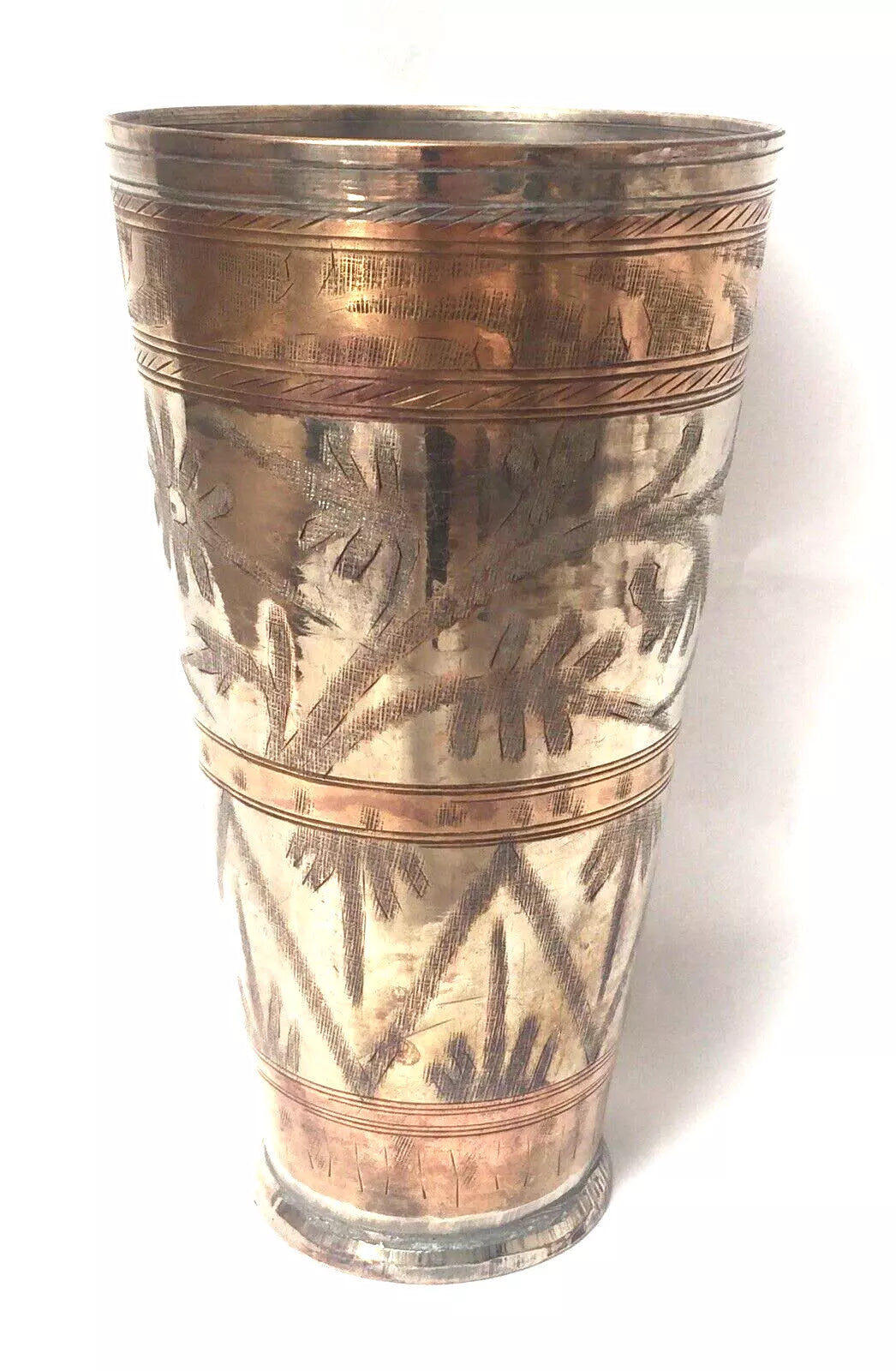 Old Brass Cup Vase – Handcrafted Afghan Collectible with Silver & Gold Engraving