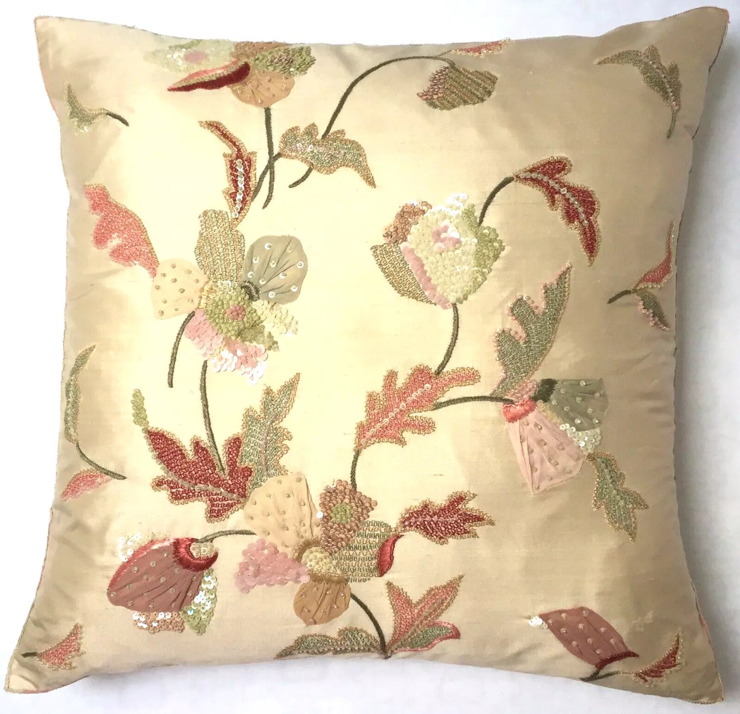 Anke Drechsel Haute Couture Floral Embroidered Silk Cushion – Beige Green Pink