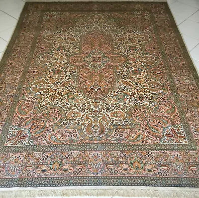 Exquisite Hand-Knotted Kashmir Silk Carpet – A Masterpiece of Persian-Inspired Elegance