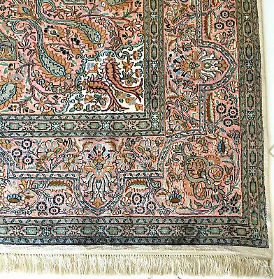 Exquisite Hand-Knotted Kashmir Silk Carpet – A Masterpiece of Persian-Inspired Elegance